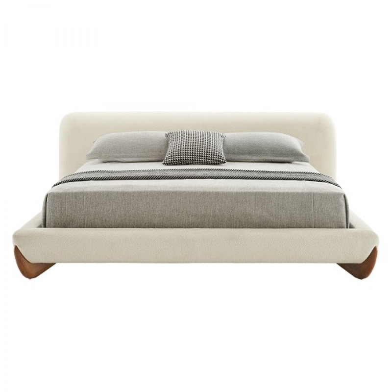 Evas - Lit contemporain en tissu crème et noyer, Très grand