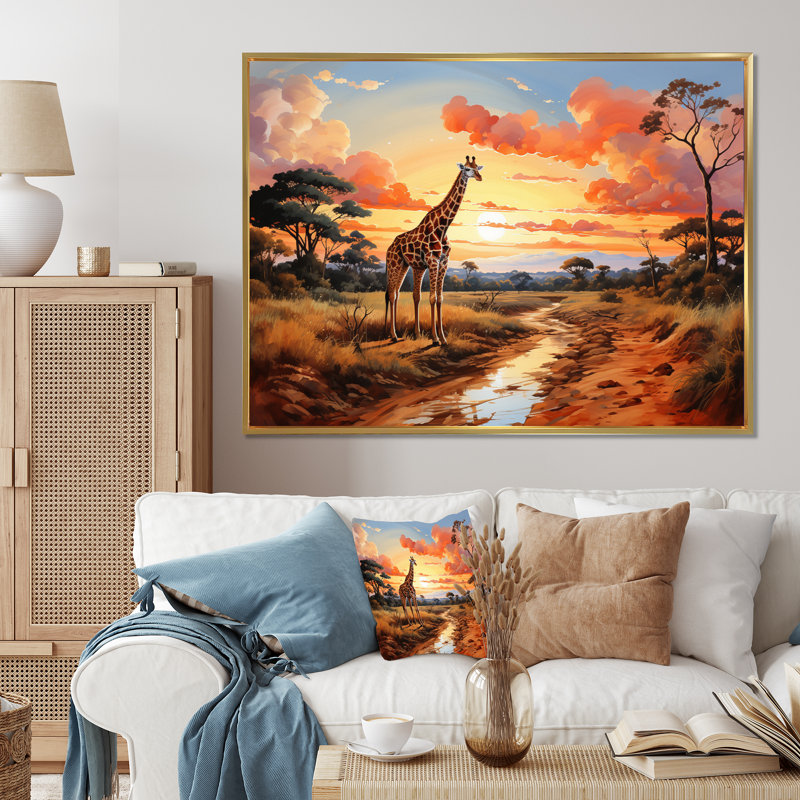 Girafes d'Afrique dans la savane II sur toile, Cadre flottant doré, H 34 po x l 44 po x P 1,5 po