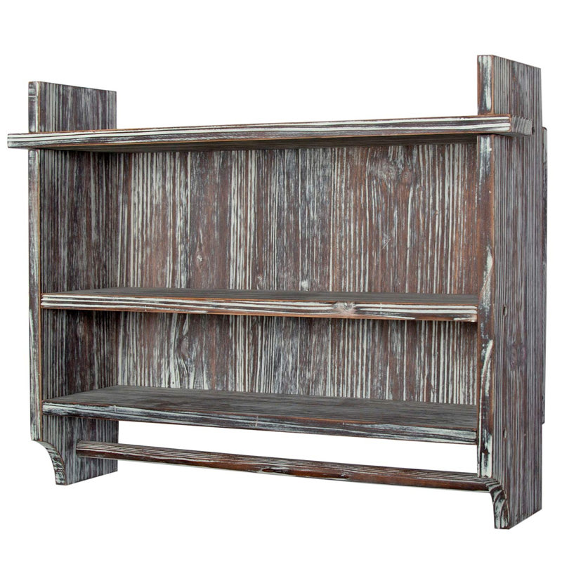 Torched Wood Wall Mounted 3 Tier Bathroom Shelf Storage Display Rack With 23-Inch Towel Bar