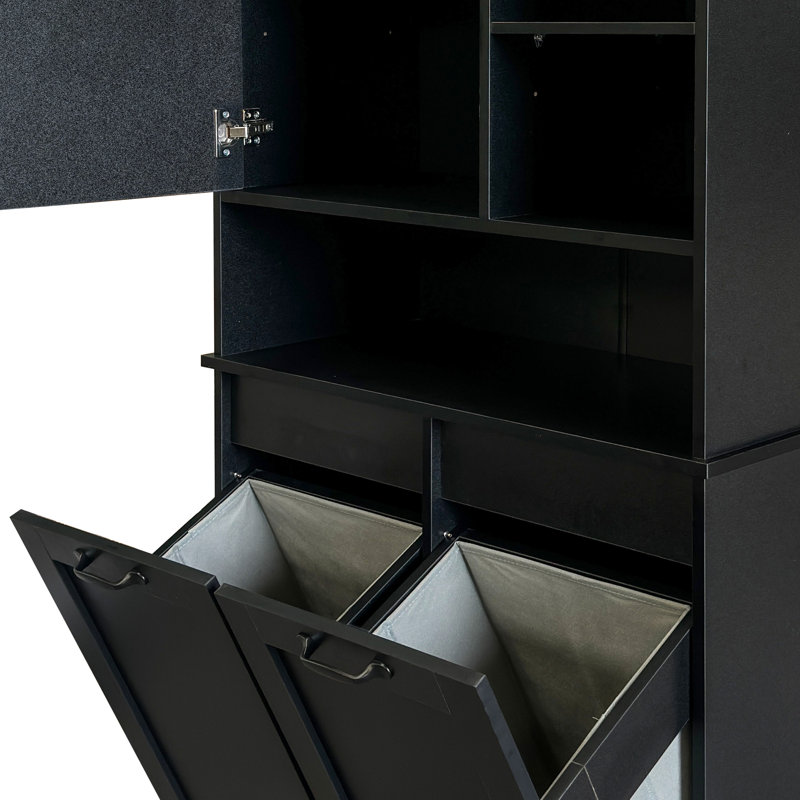 Armoire de buanderie, panier à linge inclinable, plusieurs rangements, style autoportant, étagère ouverte, panier à tablette réglable, tablettes, noir, 31,82 po de profondeur, 15,77 po de largeur, 61,4 po de hauteur, 106,03 lb