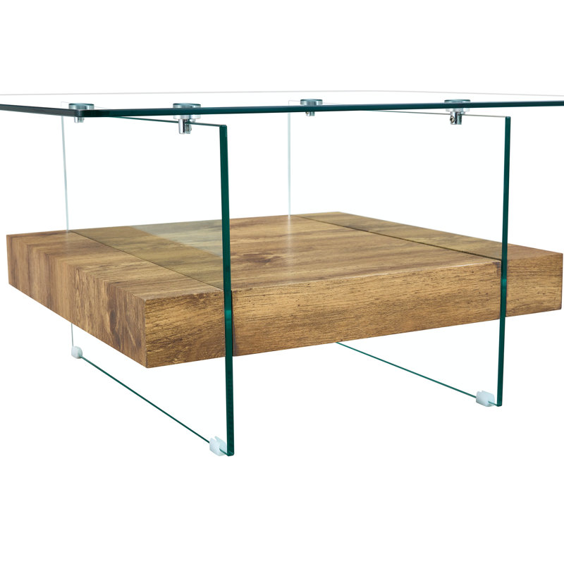 Hezekiah 31.4" Modern Two-Tier Square Coffee Table, Natural Wood
