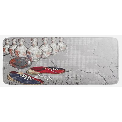 Bowling Shoes Pins And Ball In Grunge Style Print Pale Grey Red And Dark Blue Kitchen Mat -  East Urban Home, 5CCB318990974EB1A509D8727ECC3083