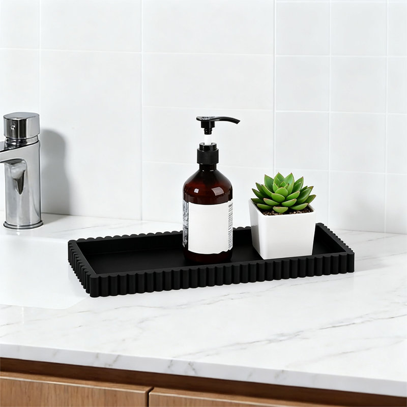 Plateau de salle de bain en silicone, petit organisateur de meuble-lavabo rectangulaire pour lavabo, éponge et savon à vaisselle, paquet de 1 (noir)