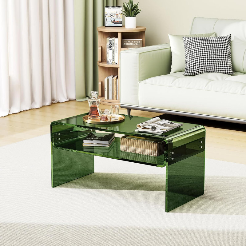 Table basse en acrylique Freysteinn, table à 2 niveaux avec tablette de rangement (brun, standard), Vert