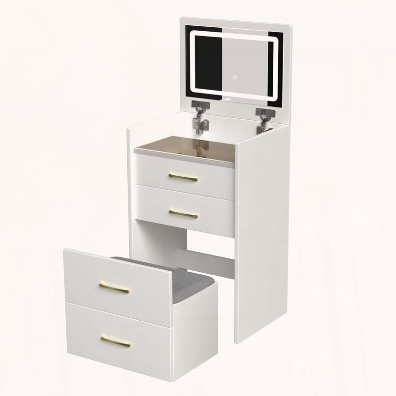 Bureau de coiffeuse 3-en-1 avec miroir rabattable et bureau en verre
