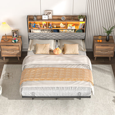 Full Size Bed Frame with LED Lights, Metal Platform Bed with Charging Station and Storage Headboard for Bedroom, Dorm
