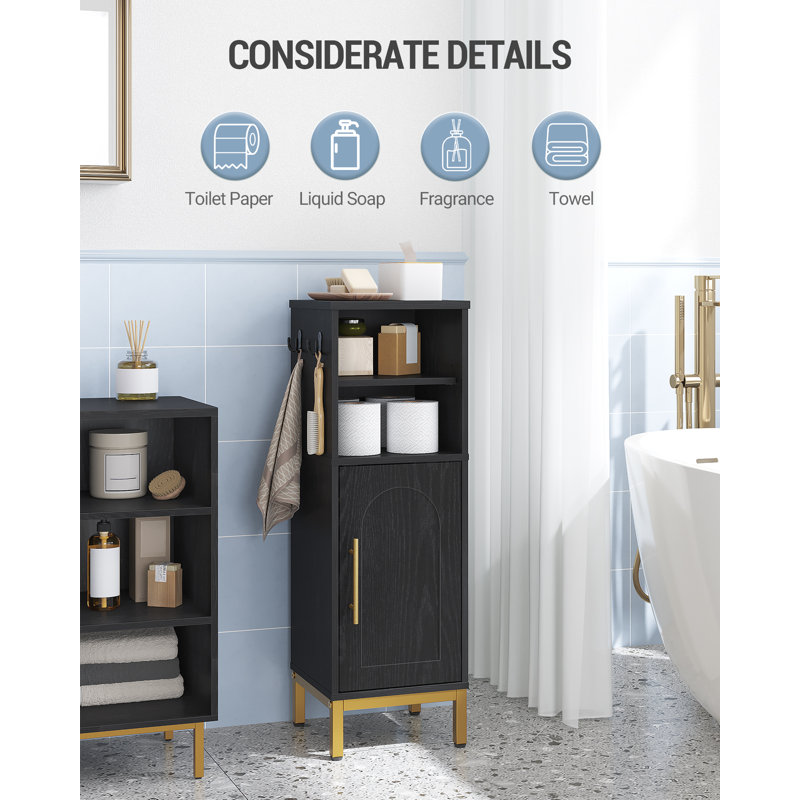 Small Bathroom Storage Cabinet, Freestanding Bathroom Storage Unit with Door and Adjustable Shelf, Narrow Toilet Paper Cabinet with Open Storage Space, with Hooks