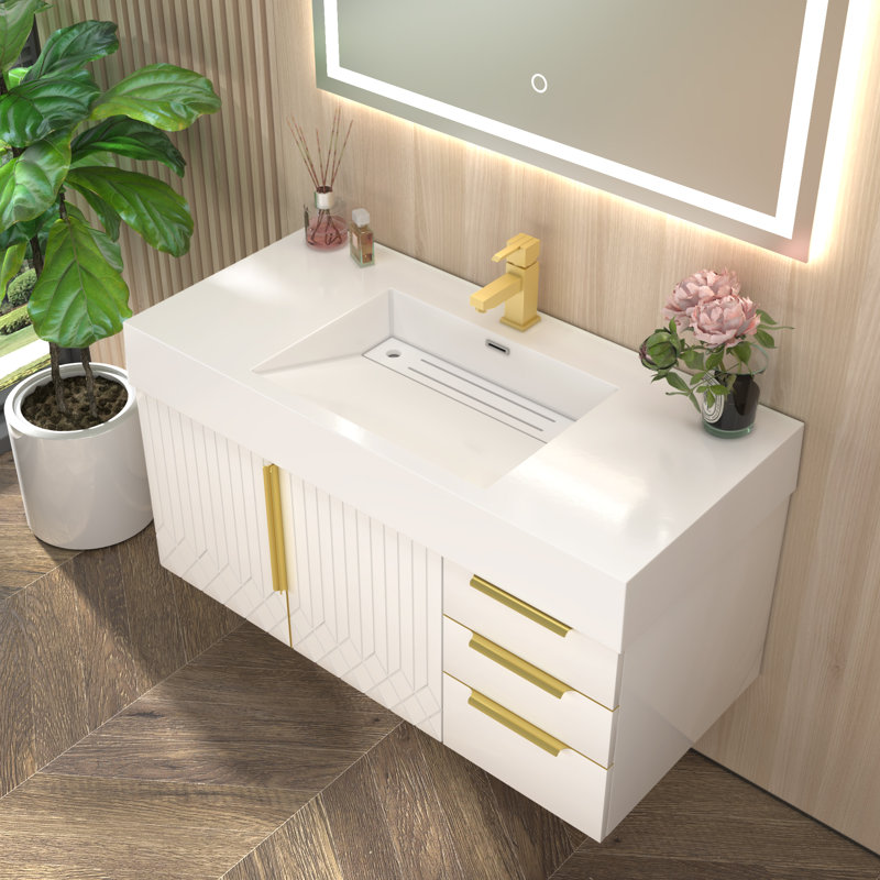 Milana Floating Bathroom Vanity With Reinforced Acrylic Sink In Gloss White And Right Side Drawers, 42"