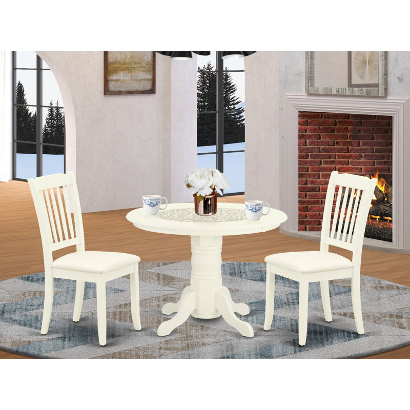 3 Piece Dining Room Table Set Contains a Round Kitchen Table with Pedestal and 2 Linen Fabric Dining Chairs, Linen White