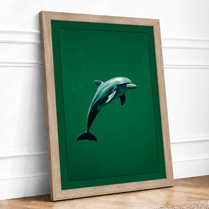 Leaping Dolphin Coastal - Framed Print, A4 - 29.7 x 21.0 cm, Oak
