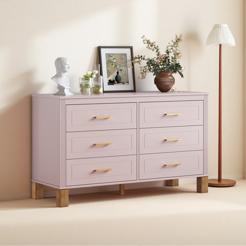 Commode double 6 tiroirs, armoire de rangement moderne avec poignées et pieds en bois massif, organisateur de tiroir pour chambre d'enfant