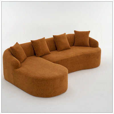 Full Compression Sponge L-Shape Sectional Sofa With Curved Chaise, Amber Orange Modular Chenille Couch, 30D High-Density For Apartment Living Room.900 Lbs.