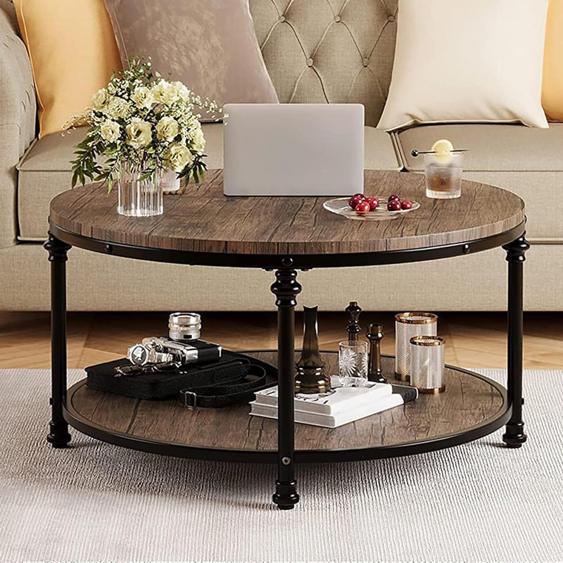 Table basse ronde à 2 niveaux en bois avec tablette de rangement et structure en métal à colonne romaine