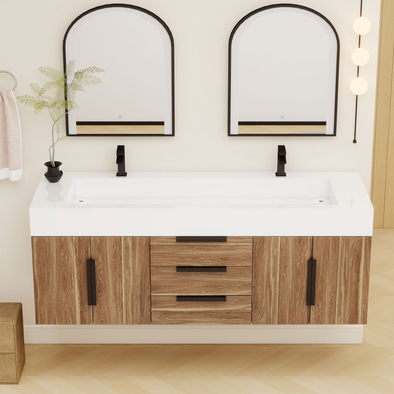 Jessica 60'' Wall-Mounted Single Bathroom Vanity, Natural Oak