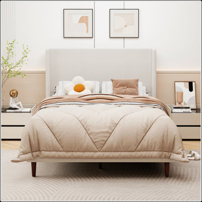 High Back Soft Queen Bed With 12-Slat Support, Chenille Cloth, Easy Assembly, And Elegant Beige Finish