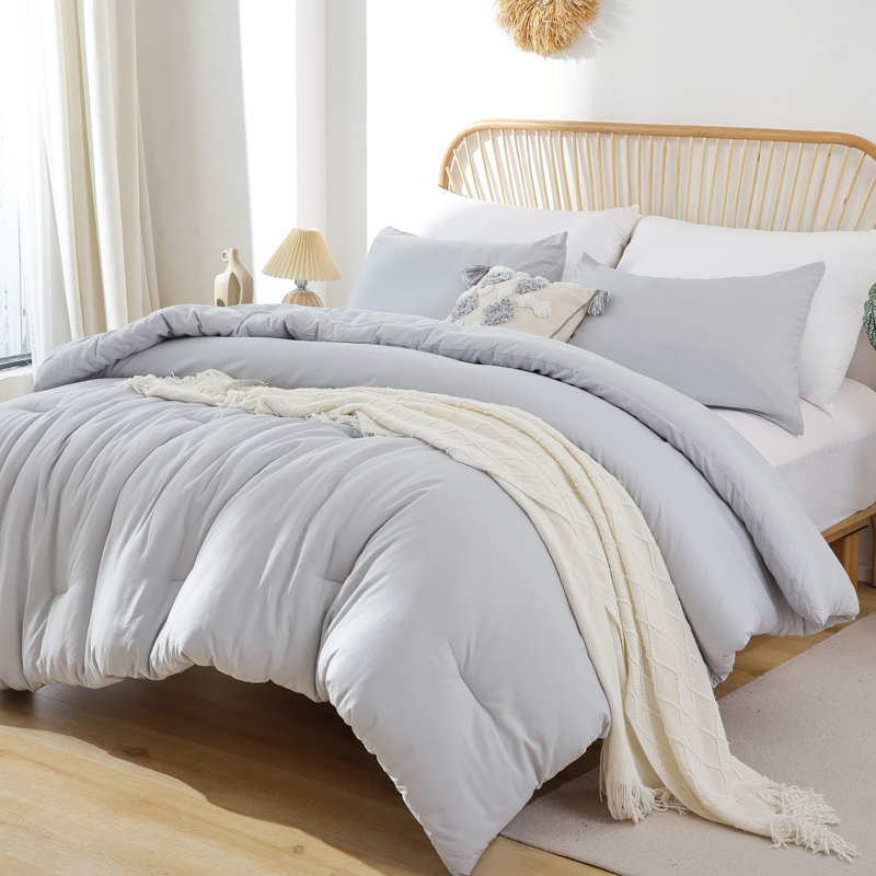 Soft Microfiber Comforter Set - Lightweight Alternative Comforter With Two Pillowcases For All Seasons, Light Gray