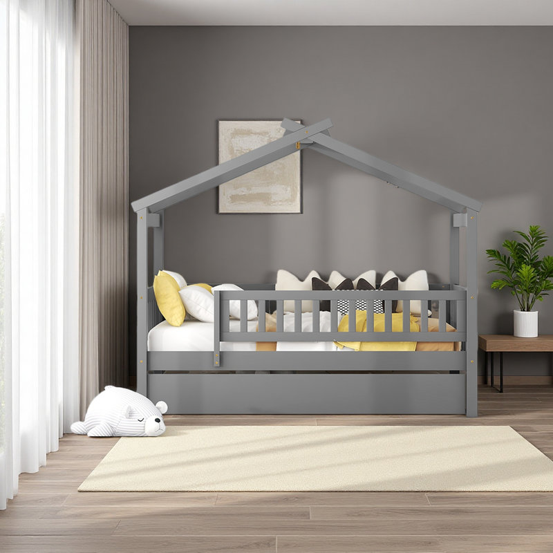 Lit en bois avec lit gigogne simple, Gris, Lit simple