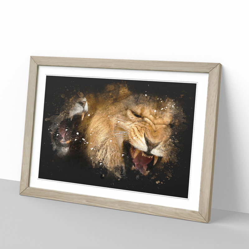 Two Lions - Picture Frame Graphic Art, Oak, 48cm H x 65cm W x 2cm D