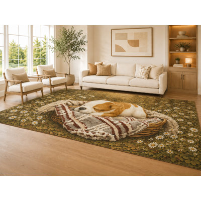 Large 6'7" x 9'10" Brown and Cream Sleeping Puppy Area Rug for Living Room, Soft Low Pile Carpet with Non-Slip Silicone Backing, Decor for Bedroom Dining Room and Home Office
