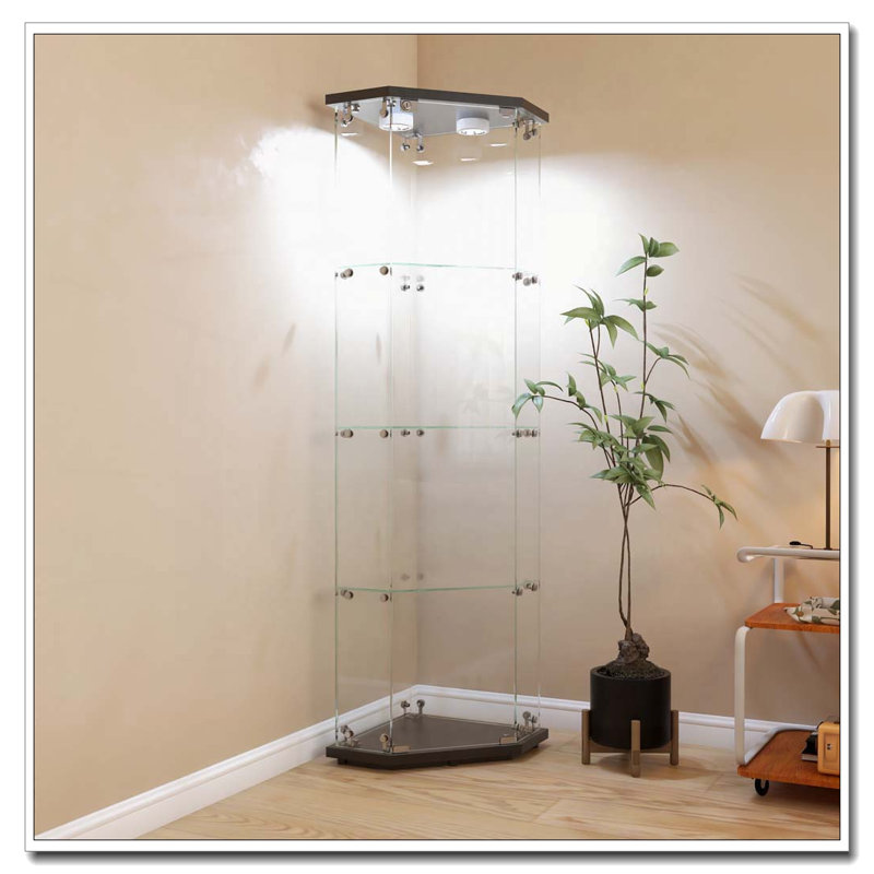 Armoire de coin lumineuse en verre avec 4 tablettes et lumières DEL
