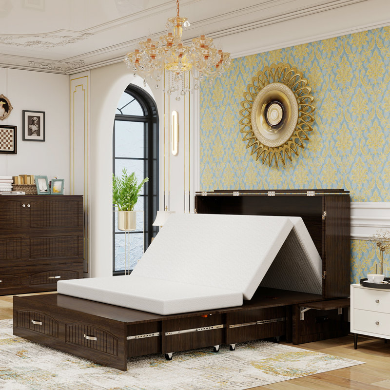 Queen Murphy Storage Bed With Drawers, Murphy Cabinet Bed With Tri-Fold Memory Foam Mattress, Brown