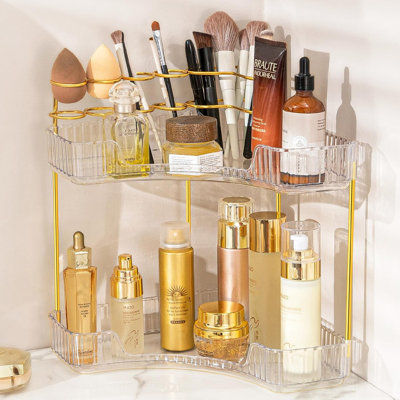 Organisateur de maquillage de coin à 2 niveaux avec porte-pinceau, rangement en acrylique pour les cosmétiques, les parfums et les produits de soins de la peau