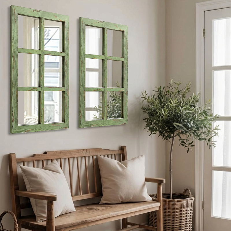 32"x22" Farmhouse Distressed Wood Windowpane Mirror, Rustic Home Decor Accents, Wall Decor for Bedroom Living Room Dining Room, Kitchen