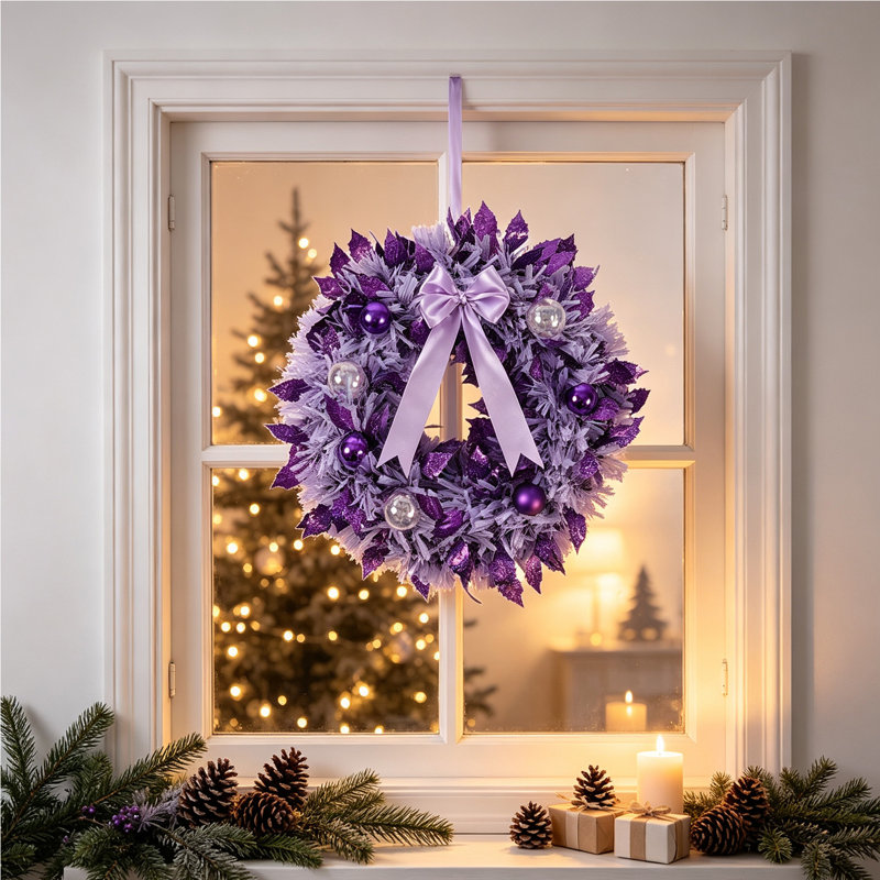 Couronne de Noël artificielle mauve / rose de 16 pouces, couronne de feuilles de paillettes Harry avec un arc en satin et des boules brillantes, couronne de Noël de porte d'entrée pour les décorations de Noël intérieures et extérieures