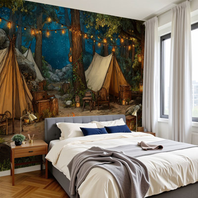 bonfire Peel and Stick Wallpaper Forest Scene Camping Theme Tent Woodland Adventure Campfire Tents Wall Murals 100"H x 144"W Removable PVC Wall Paper Self-Adhesive Wall Decor for Bedroom Living Room Home Office
