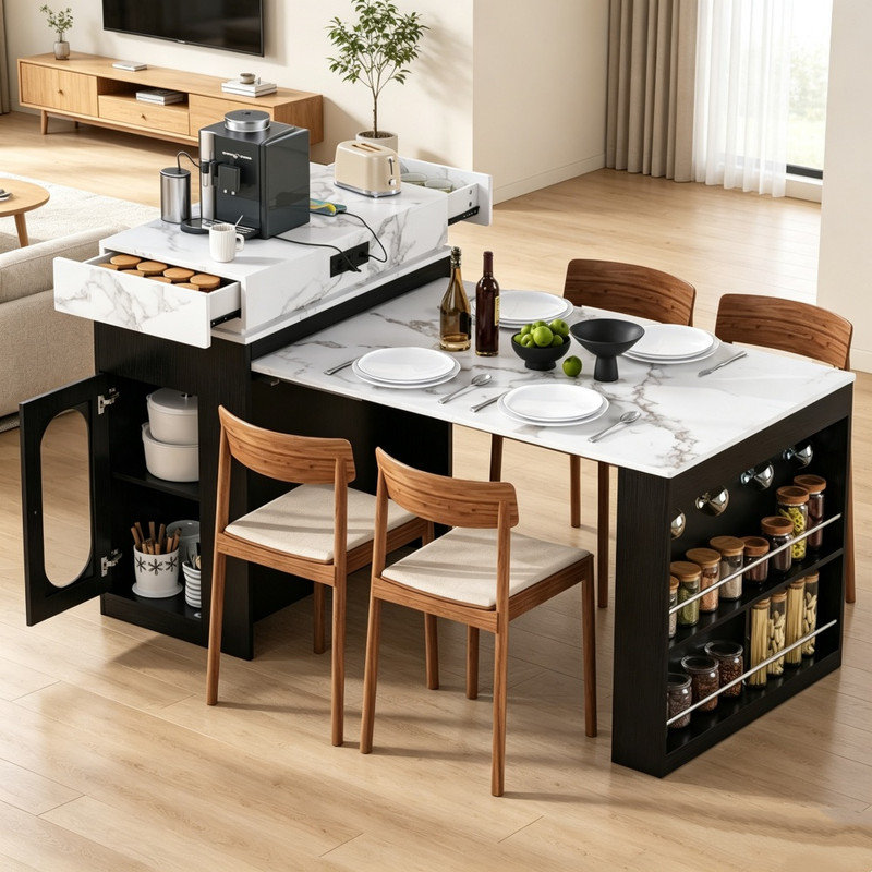 Table de salle à manger pliante extensible noire et blanche en marbre, îlot de cuisine roulant avec tiroirs, prise électrique, roulettes et crochets, buffet multifonctionnel pour cuisine et salle à manger