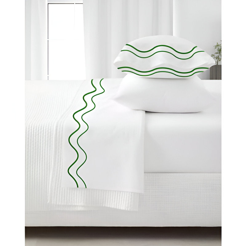Double Wavy Embroidered Cotton 4 Piece Sheet Set Fitted Sheet Fits Upto 16" Deep Pocket, Green Border