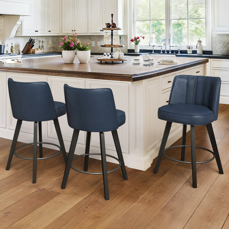 Malling 26" H Upholstered Swivel Stool, Dark Blue Seat/Black Frame, 3