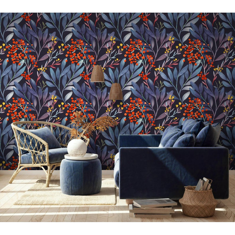 Papier peint amovible avec branches brunes foncées et feuilles mauves, L 48,96 po x l 75 po