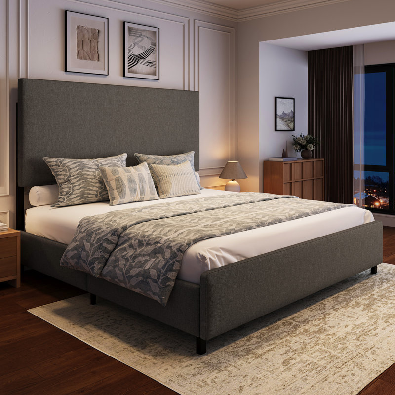 Lit plateforme tapissier avec tête de lit à panneau moderne, Gris, Grand lit
