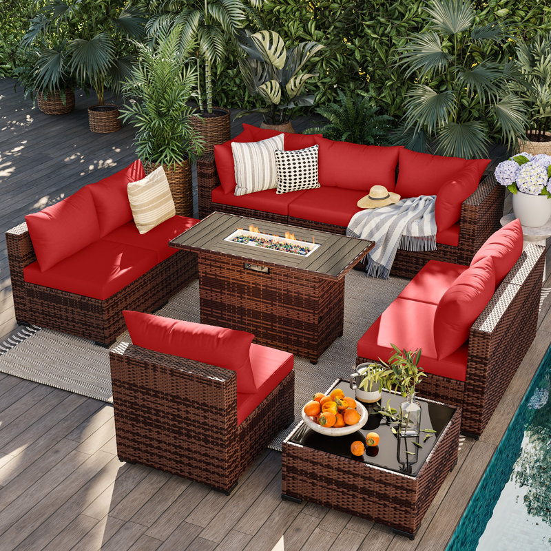 8 - Person Outdoor Wicker Patio Conversation Furniture Set With Fire Pit Table, Burgundy