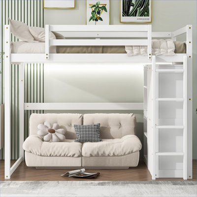 Full Size Loft Bed Modern Solid Wood Classic White With Built-In Wardrobe, Storage Shelves and LED Lighting