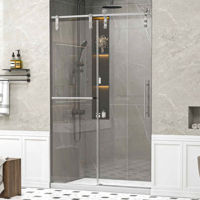 46-48" W * 76" H Frameless Single Sliding Shower Doors Without Soft-Close, Bathroom Sliding Shower Door With Towel Rail And Auxiliary Handle, 5/16" (8Mm) Thick SGCC Tempered Glass Door, Chrome