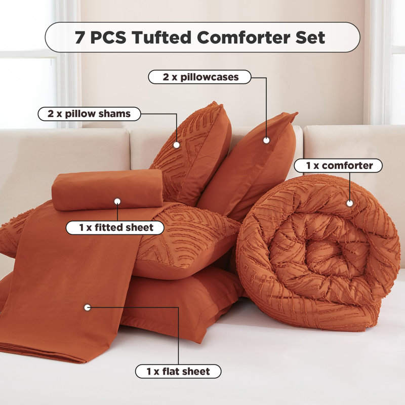 Andency Burnt Orange Full Size Comforter Set with Sheets - 7 Pieces Bed in a Bag Terracotta Boho Tufted Bedding Sets Rust Full Bed Set with Comforter, Sheets, Pillowcases & Shams for All Season