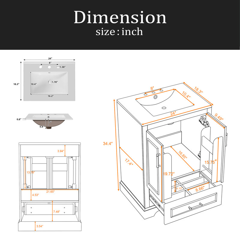 Meuble-lavabo 24 po avec lavabo, armoire en panneau de fibres à densité moyenne avec cadre en bois massif, 1 tiroir divisé et 2 portes à fermeture douce avec double tablette sur la porte, meuble-lavabo autoportant