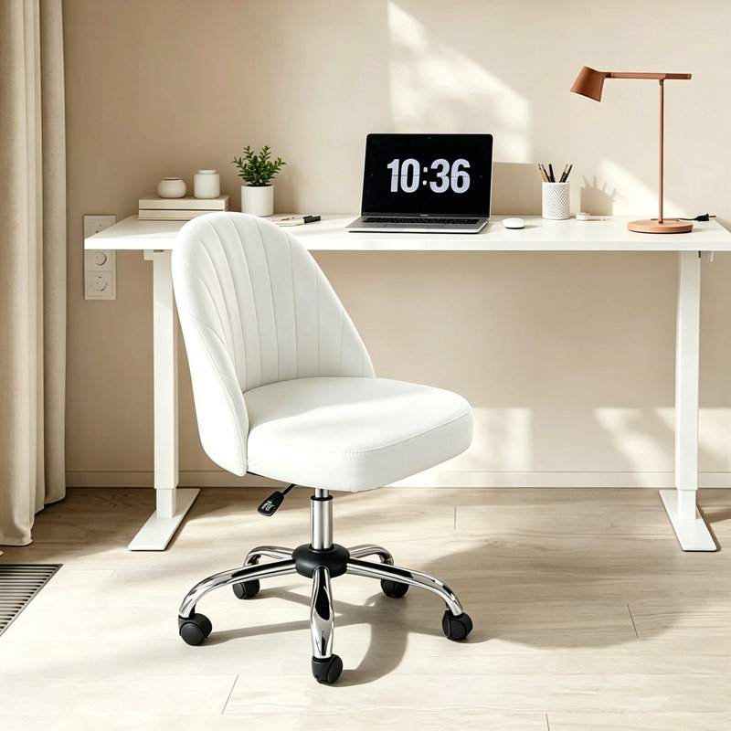 Armless Wide Desk Chair with Wheels, Velvet Swivel Office Chair, Beige