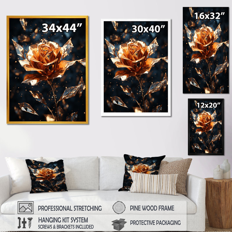 Art mural doré doré et roses noires I - Rose, Cadre flottant doré, H 20 po x l 12 po