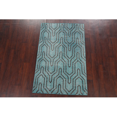 Tapis bleu sarcelle en laine noué à la main de conception unique 3 pi 7 po x 5 pi 8 po