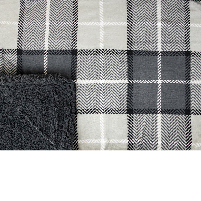 Charcoal Gray Plaid Sherpa Fleece Reversible Throw Blanket, 50" x 60"