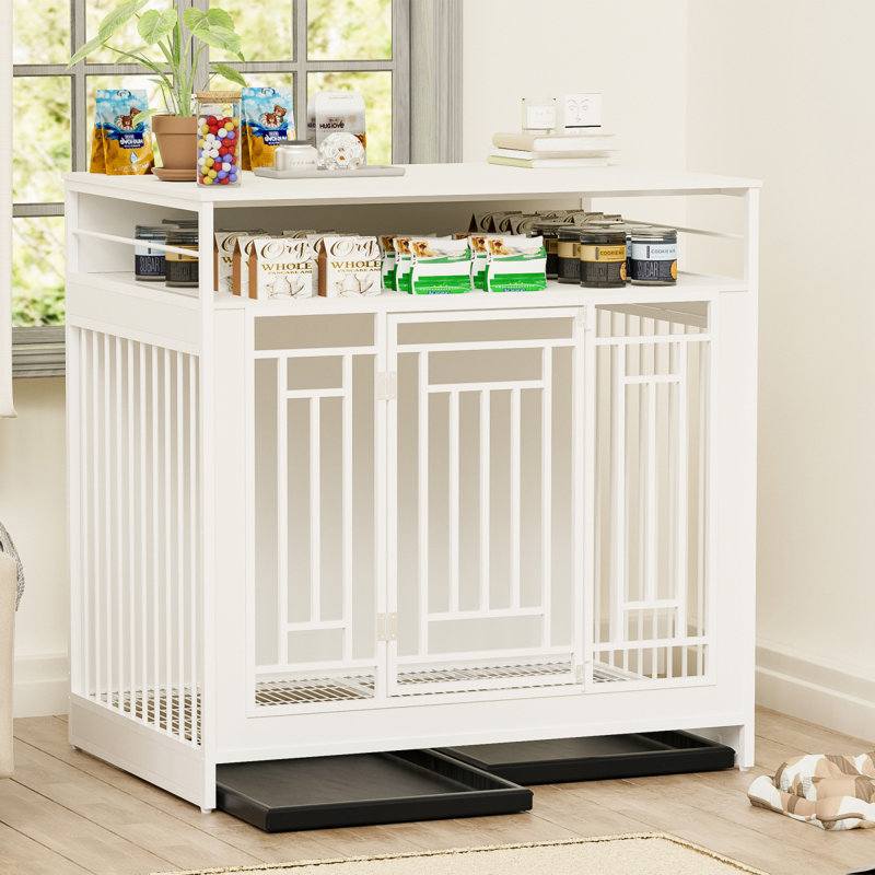 Meuble pour chien de 43,3 pouces pour chiens de grande taille, cage pour chien en bois avec cloison, chenil à double porte avec rangement pour trois tiroirs, maisonnette décorative robuste pour grands chiens de taille moyenne, blanc