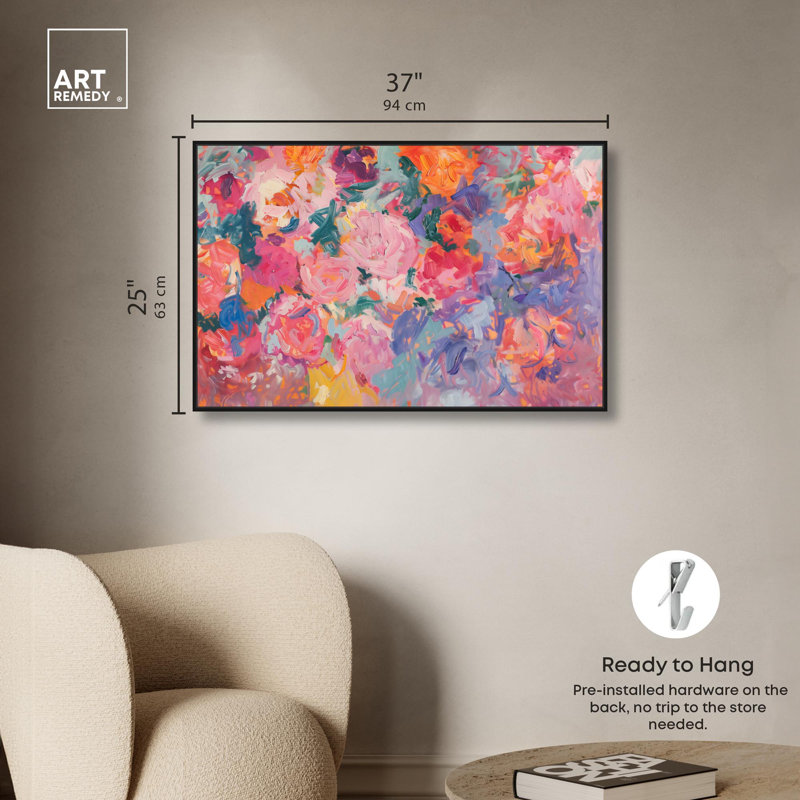 Art mural floral kaléidoscope de couleurs sur toile par Art Remedy, H 25 po x l 37 po, Cadre flottant noir