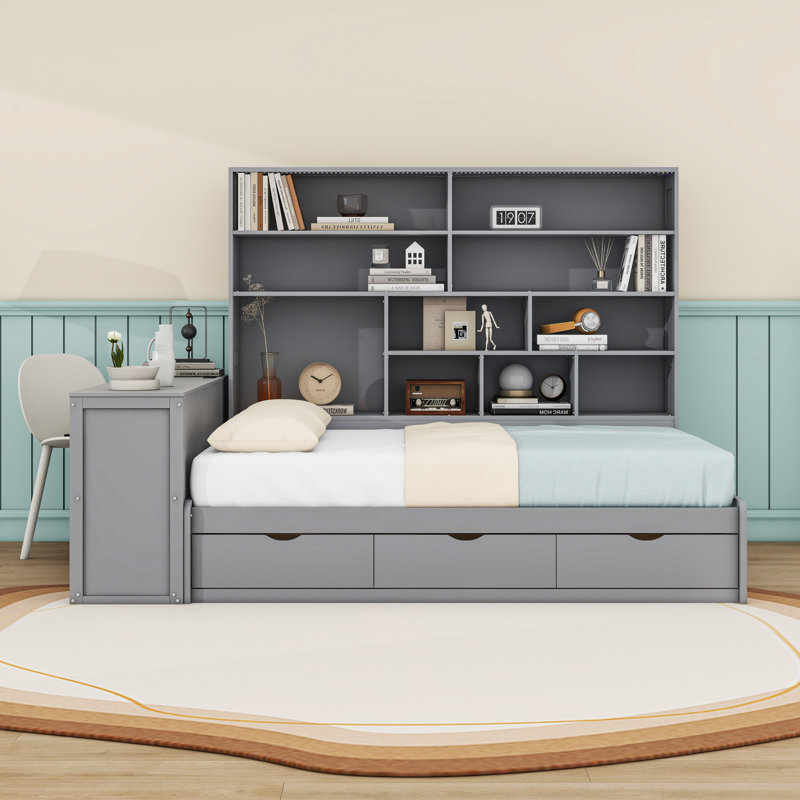3 Drawers Full Wooden Daybed with Desk, Shelves,  Light and Charging Station, Gray