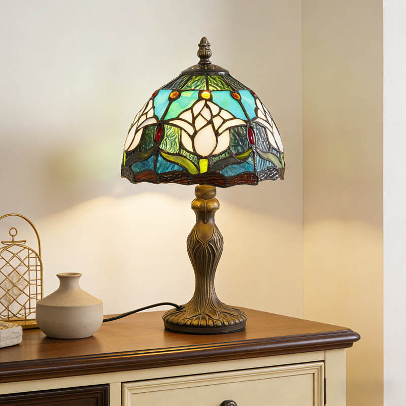 Lampe de table vintage en verre teinté vert avec base en résine bronze