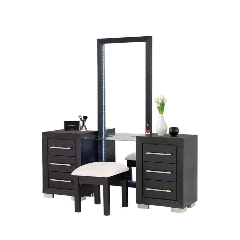 Contemporary Style 1Pc Vanity With  Stool Metal Legs USB Port Ball Bearing Glides Glass Top Full Length Mirror Bedroom Furniture