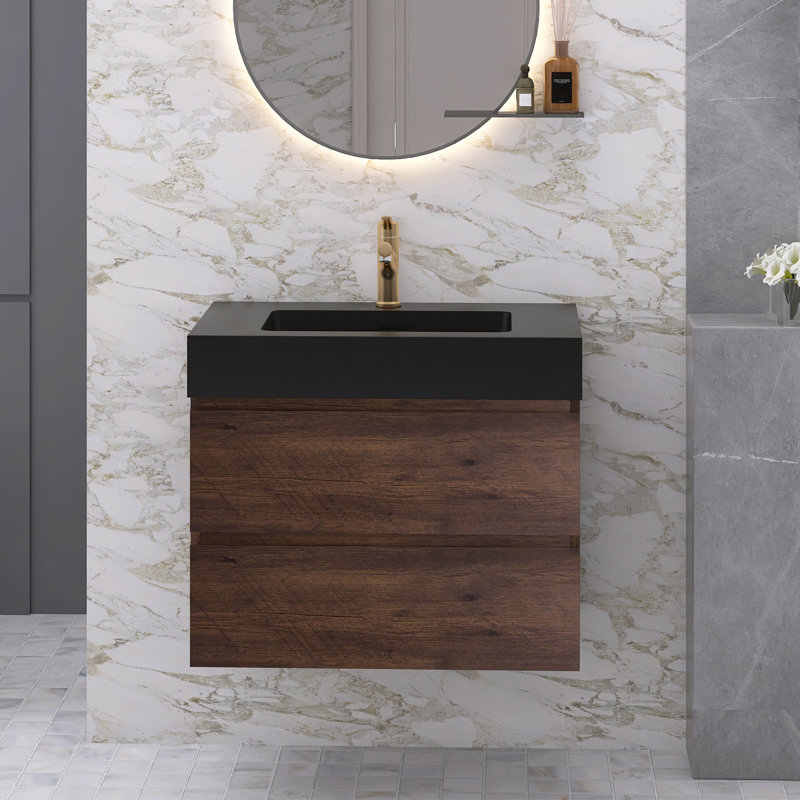 Lillyanah 30'' Single Bathroom Vanity with Solid Surface Top, Brown, Matte Black