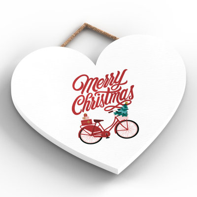 Xmas Merry Christmas Bicycle Wooden Heart Plaque